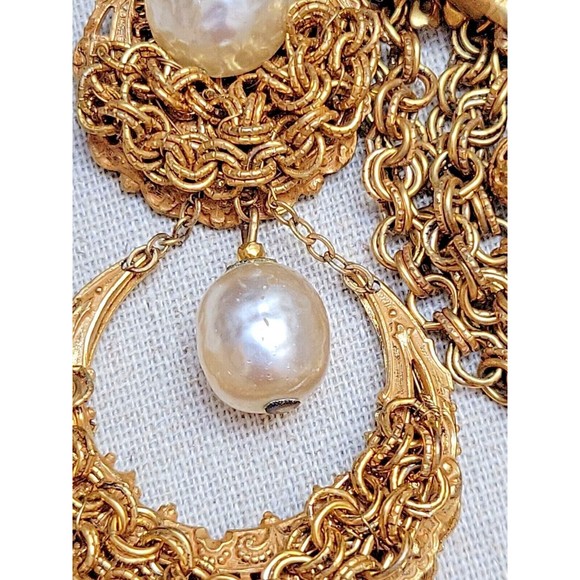 Rare Signed Miriam Haskell Double Dangle Baroque Pearl Multi Chain Necklace VTG - Picture 6 of 9